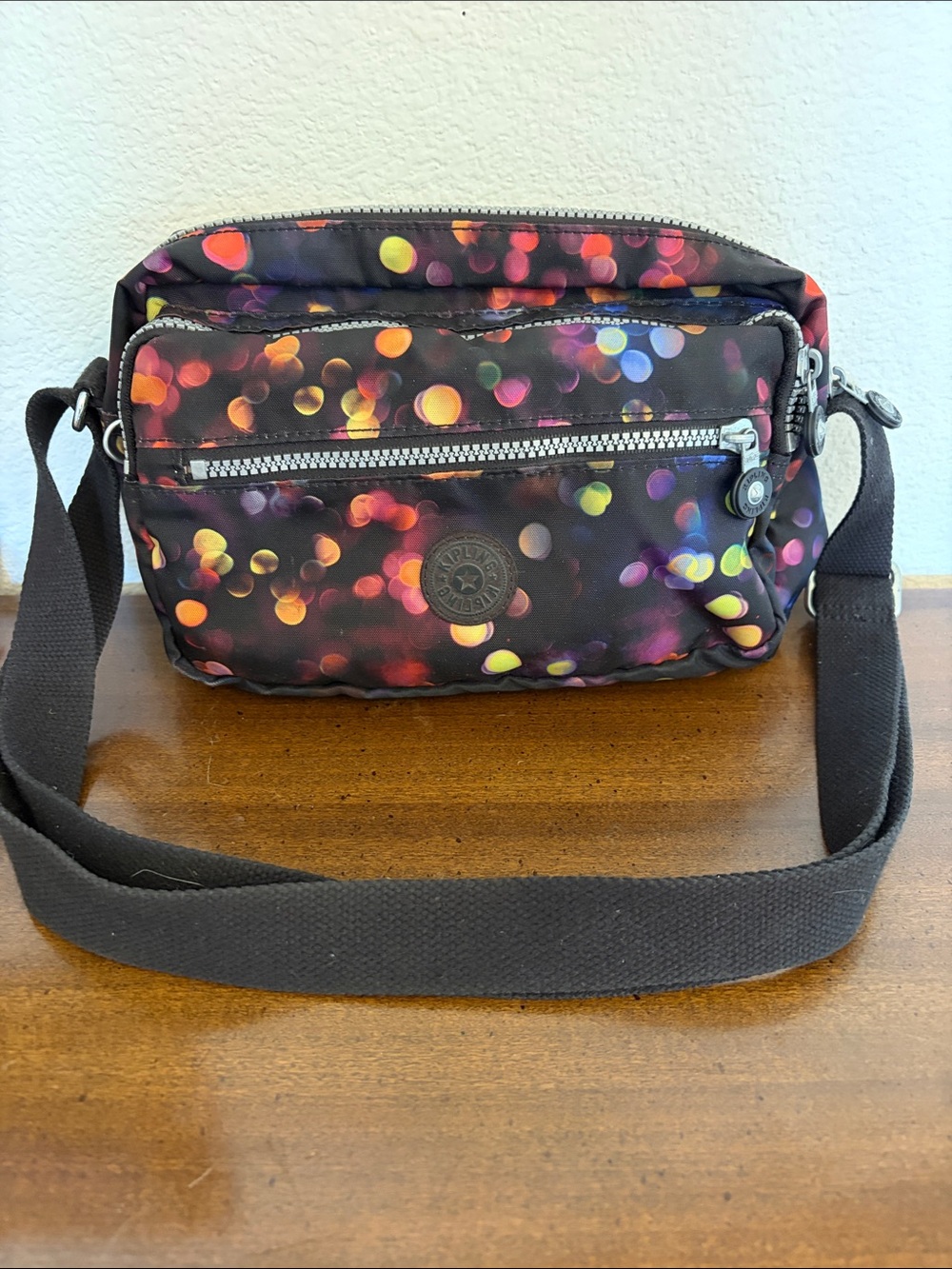 Kipling Black Crossbody Bag with Multicolor Bokeh Dots